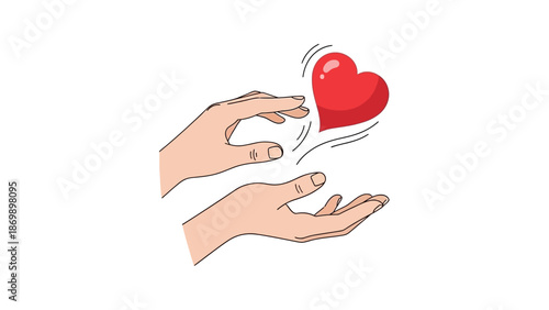Digital illustration capturing the tender moment of hands exchanging a vibrant red heart, symbolizing profound feelings of affection, empathy, and connection