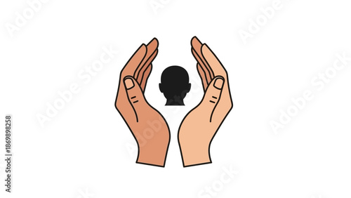A compassionate vector illustration of two hands cupping a human head silhouette, symbolizing mental health awareness, emotional support, personal well-being, and protective care for health