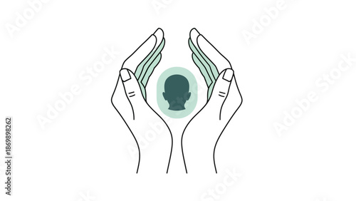Illustrative design emphasizing profound human compassion and protective support for mental health, featuring gentle hands surrounding a radiant head, promoting wellness and empathy
