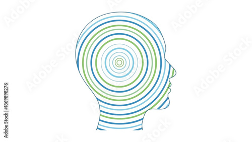 Conceptual illustration of a human head filled with rhythmic blue and green circles, depicting thought flow and mental connection