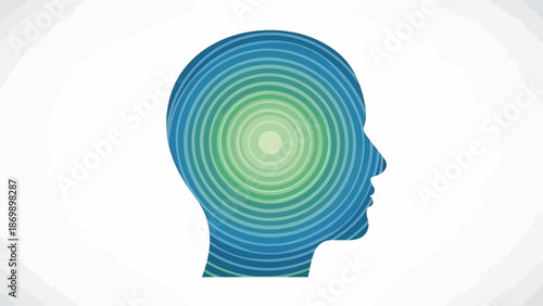 Abstract illustration of a human head silhouette with radiating concentric circles inside, symbolizing deep thought, mental wellness, mindfulness, and inner peace