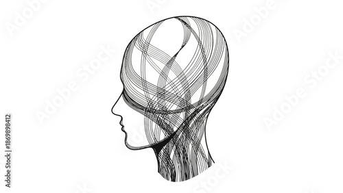 Intricate linear design forms an abstract human head profile, symbolizing complex thought processes, data flow, or interconnected neural networks within the mind