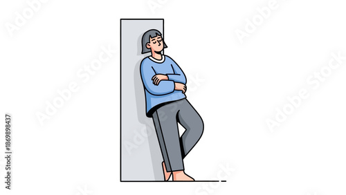 Illustration of a person experiencing quiet reflection or weariness, leaning against a wall with crossed arms, symbolizing a moment of pause, boredom, or deep thought