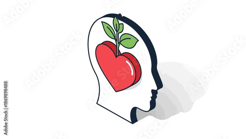 Conceptual isometric illustration of mental health, well-being, and personal growth. A heart-plant within a human head symbolizes self-care, wisdom, and inner balance