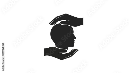 Abstract illustration depicting hands gently cradling a human head silhouette, symbolizing comprehensive mental health protection, psychological support, and overall well-being for individuals