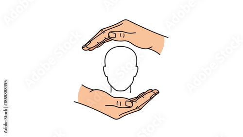 Line art illustration of hands protectively encircling a human head, symbolizing mental health, emotional wellbeing, psychological care, awareness, and support