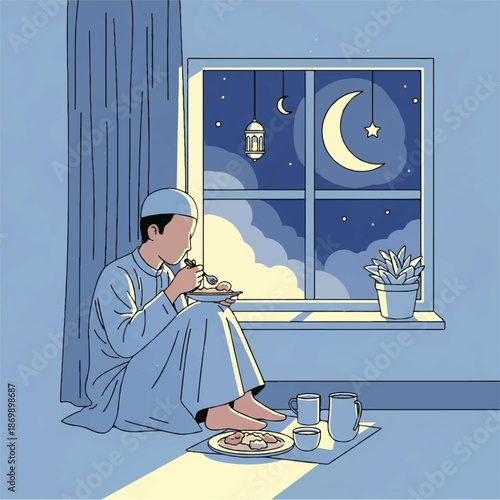 Muslim man eating Suhoor meal at night during Ramadan illustration