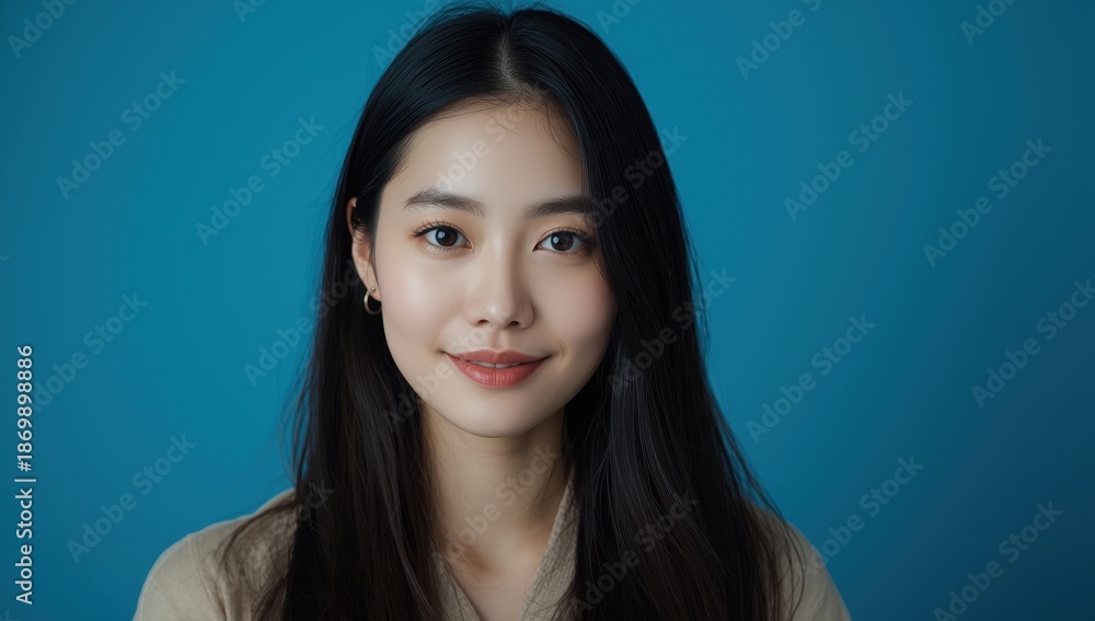 Fototapeta premium Image of a young Asian woman against a blue backdrop