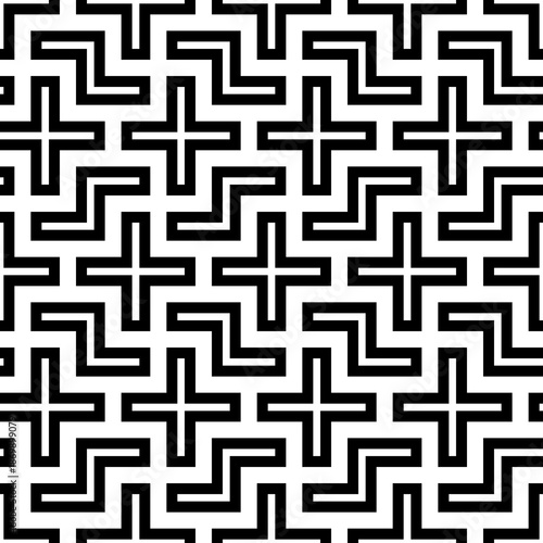 Repeated white puzzle on black background. Seamless surface pattern design with logic mosaic ornament. Tetris motif. Grid wallpaper. Digital paper for page fills, web designing, textile print. Vector.