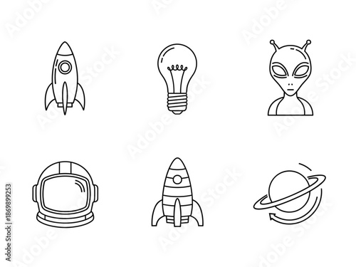 Space Exploration Icons: Rockets, Aliens, and Planets