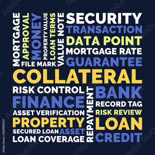 Collateral Word Cloud, Finance Loan Security Tag Cloud. Yellow Blue Banking Investment Typography
