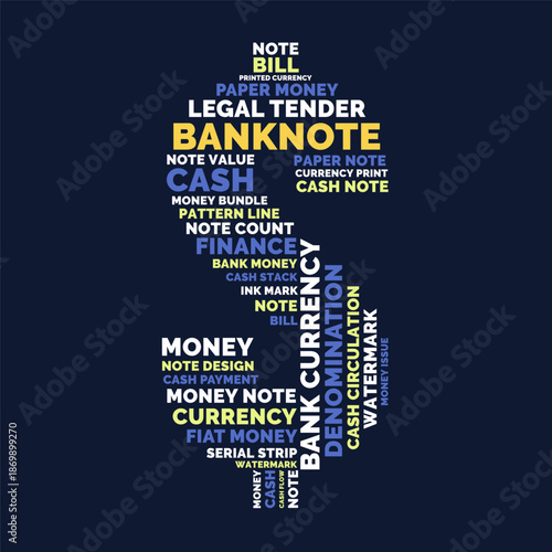 Banknote Word Cloud, Dollar Sign Money Currency Tag Cloud. Finance Banking Typography Vector