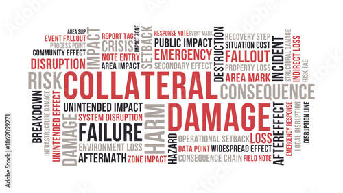 Collateral Damage Word Cloud, Disaster Crisis Risk Tag Cloud. Emergency Safety Typography Vector