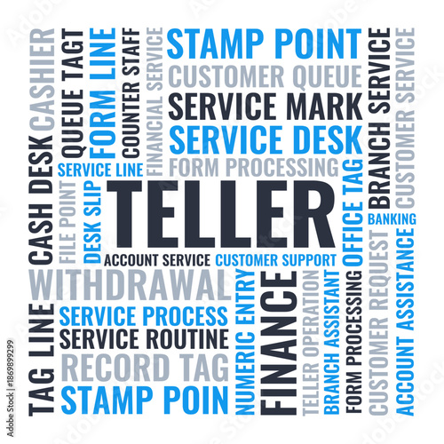 Bank Teller Word Cloud, Finance Service Banking Tag Cloud. Square Withdrawal Typography Vector