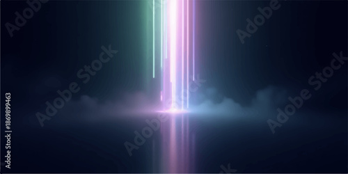 Abstract Vibrant colored light beam shining brightly in dark space with smoke effect