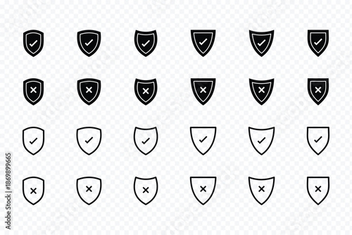 Green checkmark shield and red cross shield symbols for approval and rejection. Green checkmark and red x on shields indicating approval and rejection Shield icons showing approved and rejected status