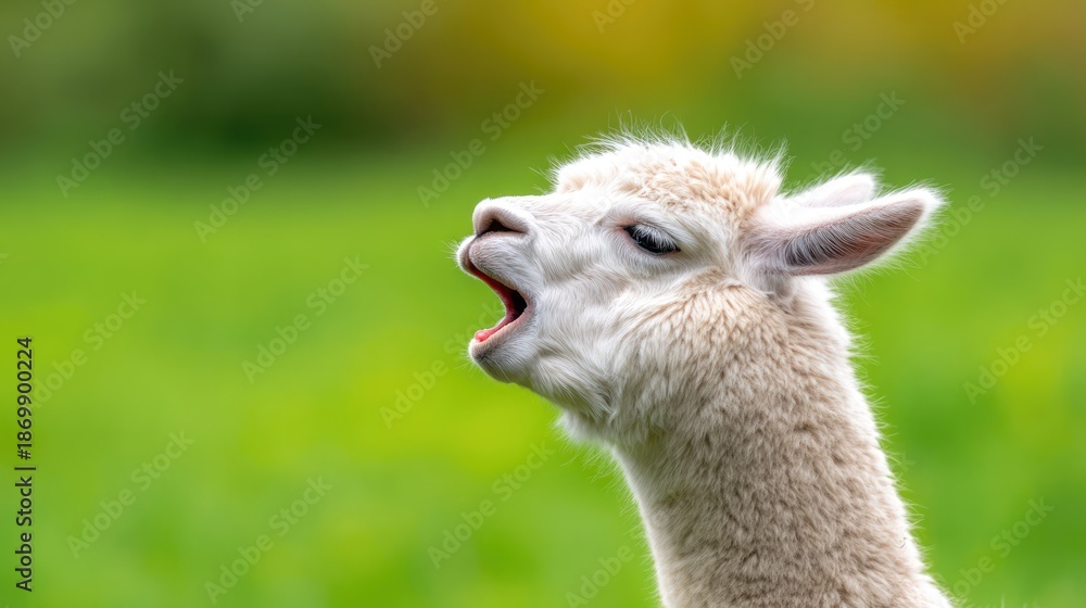 Fototapeta premium Cute Alpaca With Open Mouth on Green Meadow Background