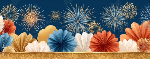 Vibrant fireworks over a dark blue backdrop with gold, white fans and glittering accents