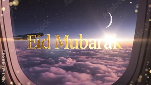 Airplane flying above clouds at twilight with crescent moon and stars, Eid Mubarak text greetings