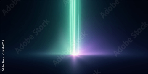 Bright green light beam shining upwards in dark space with purple glow