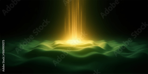 Golden light shining through green mist or fog on dark background