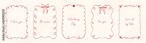 Vintage hand drawn Valentine's day frames with coquette lines, bows and hearts. Vector holiday borders for poster, card, invitation.