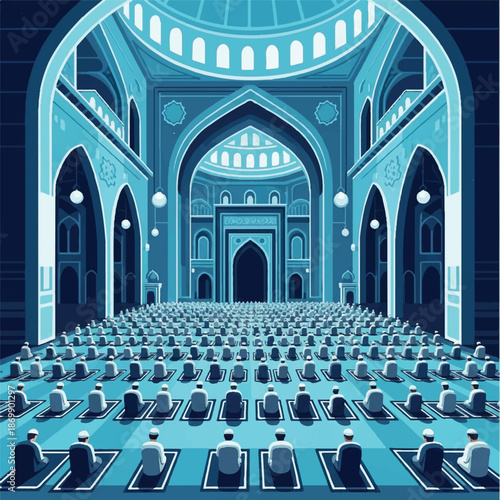 Muslims praying in a grand mosque during a religious gathering