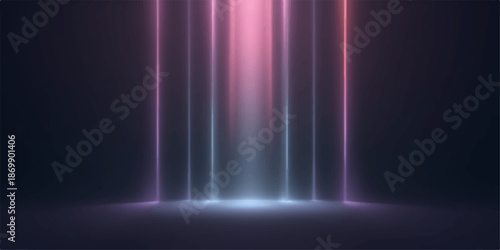 Pink and blue light beams shining down in a dark room