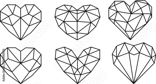 geometric heart, polygon heart, heart line art, Geometric Heart Line Art Set, Polygonal Diamond Heart Vector Illustration - Abstract Geometric Heart Shapes Collection, Minimal Line Art Love Design