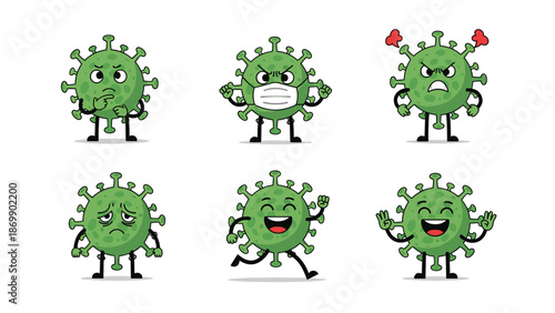 Set of green coronavirus or germ characters displaying different emotions like anger sadness happiness and protective measures.
