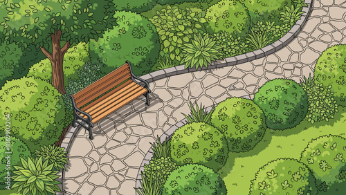 Top view of a beautiful stone path winding through a green garden with a wooden bench and many rounded bushes and trees.