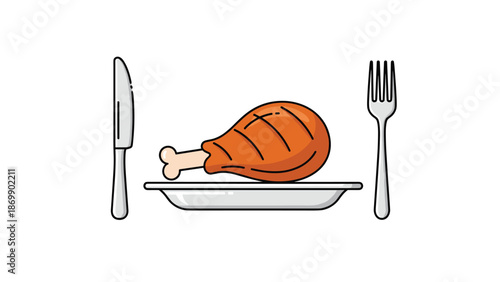 Cooked chicken drumstick served on a white plate with a knife and fork isolated on a white background for dining concepts.