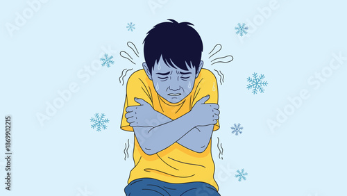 Poor young boy shivering from extreme cold with snowflakes and blue tones representing winter weather and illness or fever.