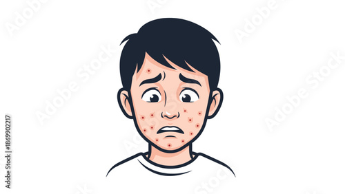 Young boy looking sad and worried about the red acne spots and pimples on his face representing skin problems.
