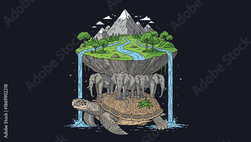 Mythological illustration of the world resting on four elephants standing on a giant turtle floating through space with mountains.