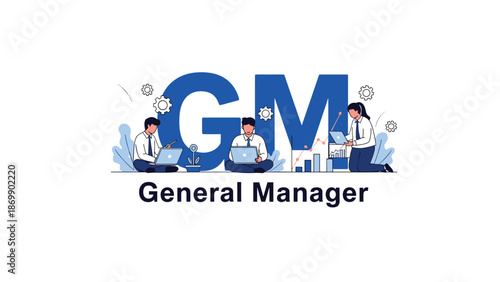 Professional office employees working on laptops with large letters GM representing general manager leadership and business growth.