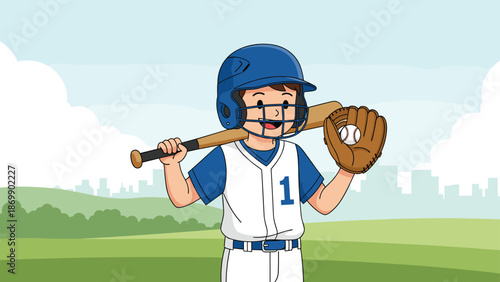 Young boy baseball player in a blue and white uniform wearing a helmet and holding a bat and glove on a field with city background.