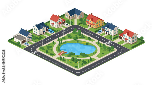 Isometric view of a peaceful residential suburban neighborhood featuring houses with red and blue roofs and a central park with a lake.