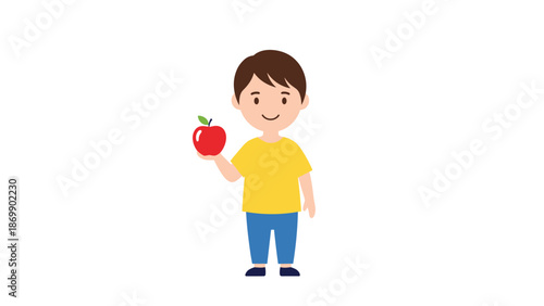 Cheerful young boy standing and holding a fresh red apple promoting healthy eating habits and nutrition for children.