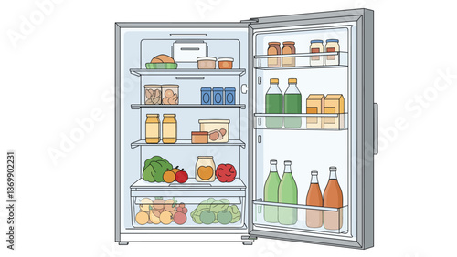 Open silver refrigerator or fridge packed with various fresh foods vegetables fruits drinks and jars neatly organized on shelves.
