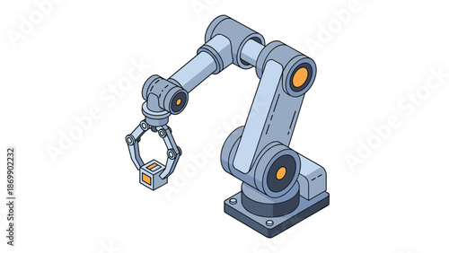 Industrial robotic arm or mechanical manipulator holding a small cube representing automation and advanced technology in manufacturing.