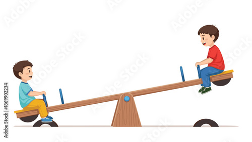 Two happy young boys playing on a wooden seesaw in a playground representing fun childhood activities and friendship.