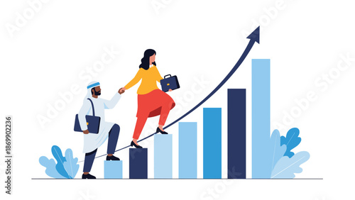 Business woman and arab man helping each other climb a bar chart representing global business success and partnership.