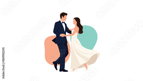 Elegant bride and groom in wedding attire dancing gracefully together celebrating their marriage ceremony in a flat style.