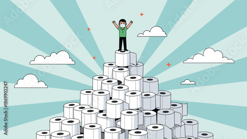 Happy man wearing a mask and standing on top of a huge mountain of toilet paper rolls celebrating his stash during a pandemic.