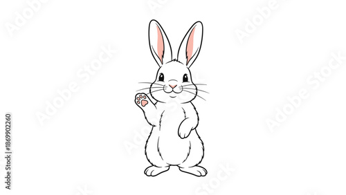 Cute white rabbit or bunny standing on its hind legs and waving its paw isolated on a white background for easter or pet concepts.