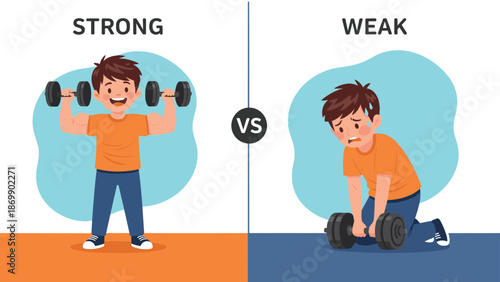 Illustration of a strong boy easily lifting weights vs a weak boy struggling to show the importance of fitness and health.