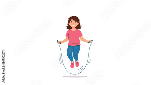 Happy young girl with brown hair jumping rope on a white background representing childhood fun and physical activity for health.