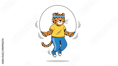 Athletic cheetah character wearing sports clothes and jumping rope representing fitness speed and a healthy active lifestyle.