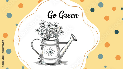 Creative go green poster featuring a vintage watering can filled with daisies and flowers on a decorative polka dot background.